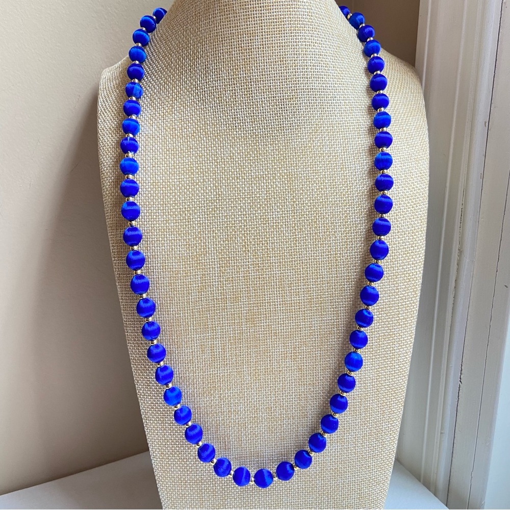 Royal blue silk thread wrapped bead necklace with goldtone spacers Vintage